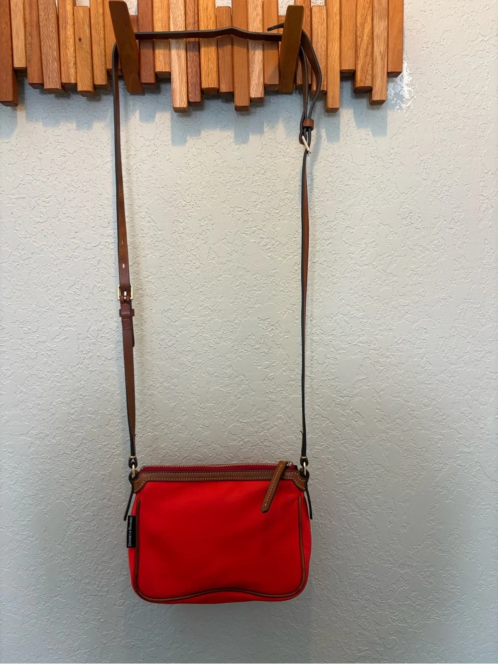 Dooney & Bourke Nylon Red Crossbody with Brown Leather Trim Adjustable Straps - Picture 2 of 15